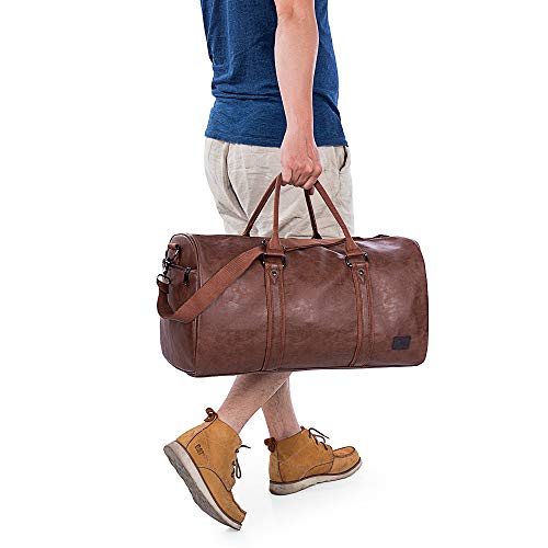 Leather Travel Bag with Shoe Pouch， Waterproof Weekender Overnight Bag, Large Carry On Duffel Bag for Men Women-Brown