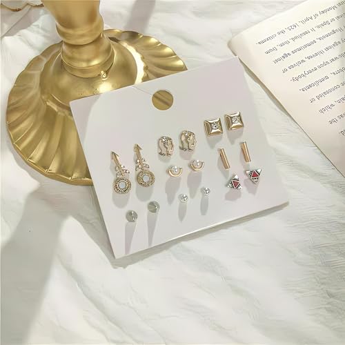 Image of Lishanti 9-Pair Gold Stud Earring Set for Women Assorted Dainty Designs with Arrows, Pearls, Crystals & Shapes - Lightweight Fashion Jewellery