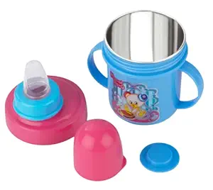 Nabhya Hippo Stainless Steel Baby Spout Sipper Cup for Kids Age 3 Months to 18 Months 250 ML (Sky Blue)