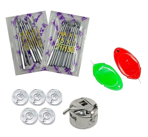 Image of ZENITH Sewing machine Needles HA Size (18 /110 & 21 /130) 10 pc Needles each , 5pc Plastic Bobbins ,1 Bobbin case & 2pc Needle Threader Combo Suitable for Home Sewing machines like Usha Janome, SINGER, BROTHER
