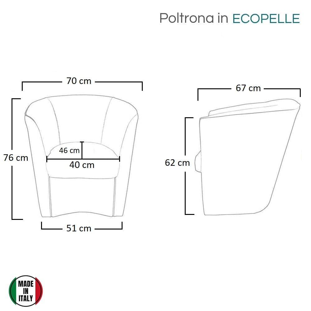 PALUPLUS Poltrona Pozzetto Imbottita Artigianale, Misura 70x67x76 cm, Poltrona con Tessuto Ecopelle, Piedini in Plastica, Struttura Robusta e Design Elegante, Casa e Ufficio, Made in Italy (Bianco)