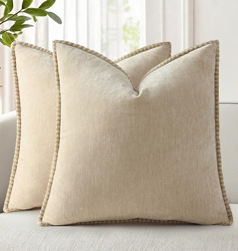 Image of decorUhome Fall Chenille Soft Cozy Throw Pillow Covers 12x12 Set of 2, Modern Farmhouse Boho Velvet Decorative Pillow Cases with Stitched Edge for Couch Sofa Bed Home Decor, Beige