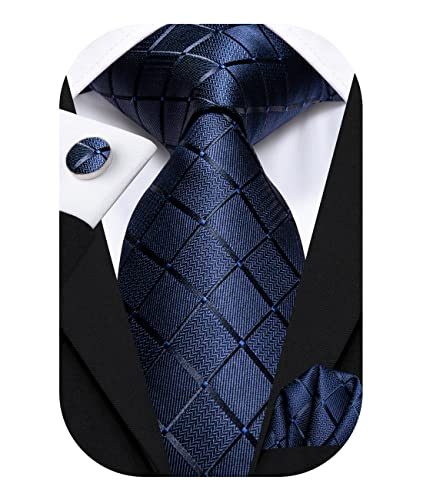 Hi-Tie Cravates bleu foncé pour hommes Cravate à carreaux bleus avec boutons de manchette carrés de poche Mariage Business Formal Cover