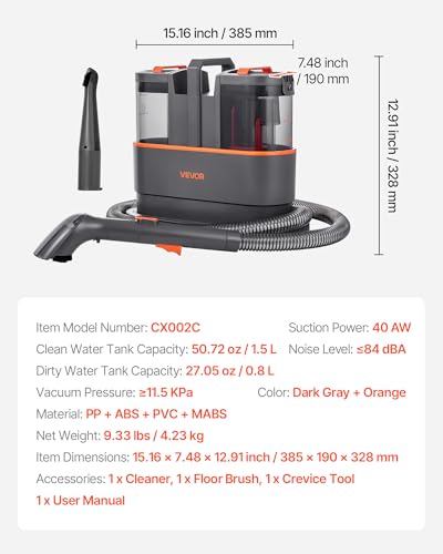 Image of VEVOR Carpet Cleaner Machine, 50.72 oz Clean Water Tank & 27.05 oz Dirty Water Tank, Portable Upholstery Shampooer, 11.5Kpa Handheld Furniture Extractor, Spot and Stain Deep Cleaner for Rug Couch Car