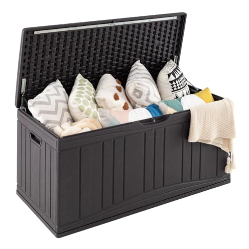 costway baule da esterno 300l impermeabile in resina, cassapanca contenitore da esterno con pistoni a gas, predisposizione per serratura e 2 maniglie laterali, resistente, 114 x 55 x 61 cm (marrone)