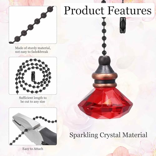 Image of MECCANIXITY 4Pack Ceiling Fan Pull Chain, 12 Inch Decorative Ornaments Diamond Pendant Pull Chain Extension for Ceiling Fans Light Lamp, Red