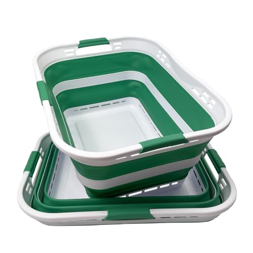 Image of SAMMART Set of 2 Collapsible Plastic Storage Basket - Foldable Pop Up Storage Container - Portable Laundry Organizer - Space Saving Hamper (White /Winter Green, 42L (Style A))