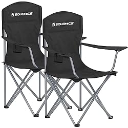 SONGMICS Sedie da Campeggio, Set di 2 Sedie da Esterno, Schienale Alto, con Braccioli, Tasca per Tazza, Pieghevole, Portante 150 kg, per Campeggio, Giardino, Pesca, Terrazza, Nero GCB08BK