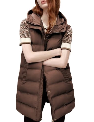 Tanming Women's Long Puffer Vest Casual Sleeveless Puffy Jacket with Removable Hood (Brown-XS)