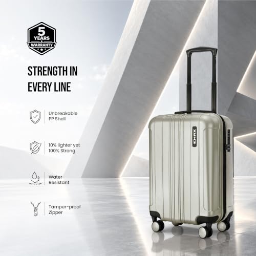 Image of HRX Force Cabin Size Silver Polycarbonate Hard Shell Suitcase - Premium Travel Trolley Bag with 8 Spinner Wheels, Number Lock & Water Resistant Body