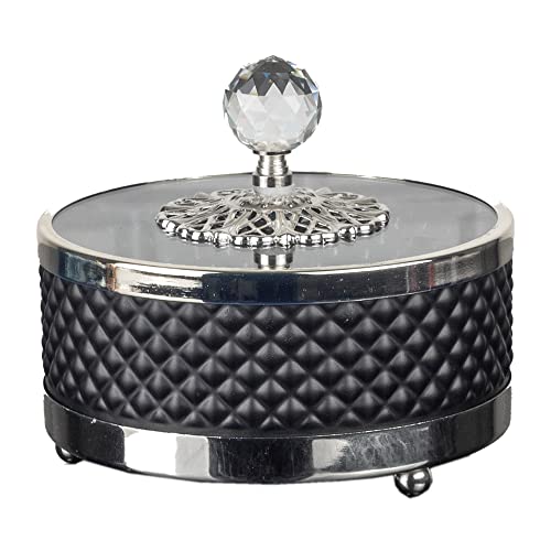 Handmade Fancy Candy Bowl, Round Decorative Sugar Serving Dish with Lid and Crystal Top, Footed Gold Candy Jars for Office Desk, Black, 5.5 in (Silver)