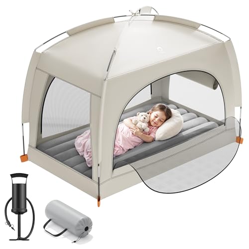 QPAU Aufblasbares Reisebett für Kleinkinder mit Zelt – leichte aufblasbare Kinder-Luftmatratze mit Handpumpe – Indoor & Outdoor tragbare Schlaflösung für Camping, Reisen, Zuhause, Oma – ab 3 Jahren