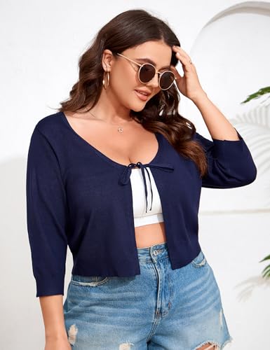 Image of ShopWonder Women's V-Neck Tie Front Shrug 3 /4 Sleeve Rib-Knit Cardigan Sweater Crop Top