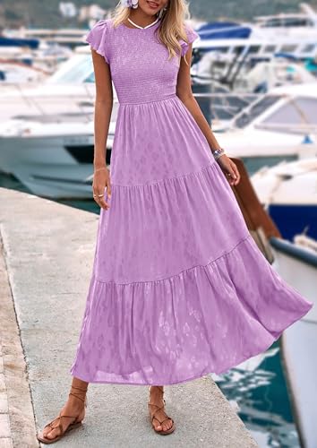 PRETTYGARDEN Midi Dresses for Women 2026 Summer Floral Cap Sleeve Smocked A Line Long Elegant Spring Wedding Guest Dress (Light Purple,X-Large) — view 3