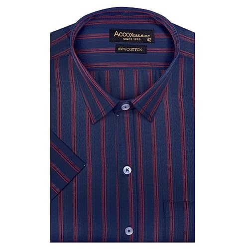 Image of ACCOX Men's Cotton Half Sleeves Dark Striped Regular Fit Formal Shirt for Men