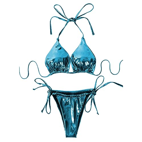 ZGMYC Women's 3 Piece Shiny Metallic Swimsuit Sexy Triangle Bikini Tie Side Thong Festival Outfit with Drawstring Mini Skirt3