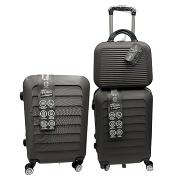 Kit 3 Malas de Viagem 23kg, 10Kg e Frasqueira 14 Polegadas Bolsa de Mão c/Trava de Senha FIbra Rígida ABS (Marrom/Cinza)