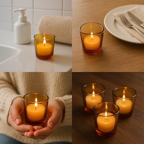 Image of Pure Source India Set of 12 Votive Glass Candle Holders with Tealight Candles | Decorative Diwali Lights for Home, Pooja & Festive Decor (Yellow)