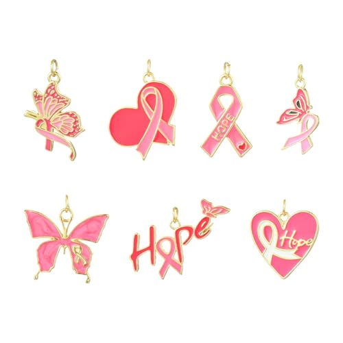 Breloques en laiton cancer du sein et émail rose pour bijoux haut de gamme - Lot de 7
