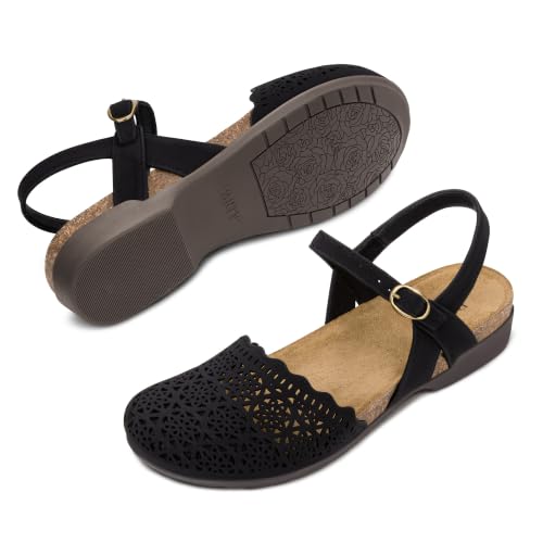 Image of PARTY Closed Toe Sandals Women, Barefoot Arch Support Flat Sandals for Office Work and Travel with Comfortable Cork Footbed