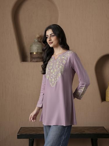 Image of QAZMI Women's Aari Embroidered Viscose Rayon A-Line Flared Short Kurti