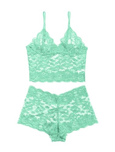 Image of Lilosy Sexy Sheer Floral Lace Pajamas Lingerie Set High Waist Sleepwear Bra and Panty 2 Piece Nightwear
