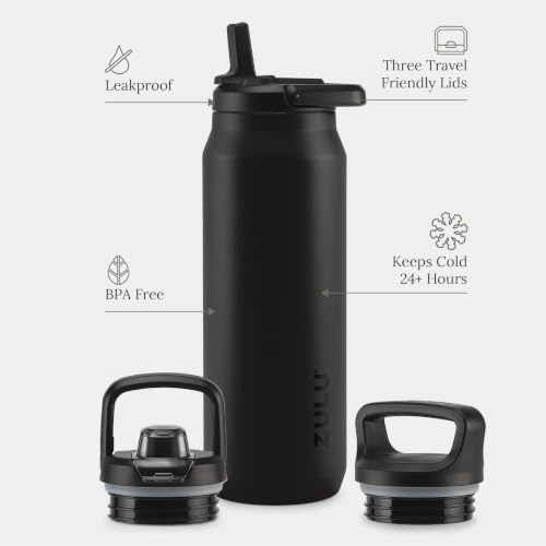 Image of ZULU Base 40oz Stainless Steel Water Bottle with 3 Lids- Straw, Chug, Twist | Double Walled and Vacuum Insulated Metal Thermos | For Gym, Outdoor | Built in Carry Loop, Dishwasher Safe, Black