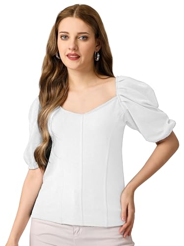 Image of Mehrang Women's Solid Ribbed Crop Tank Top Ribbed Tops for Women V-Neck 3 /4th Balloon Sleeves