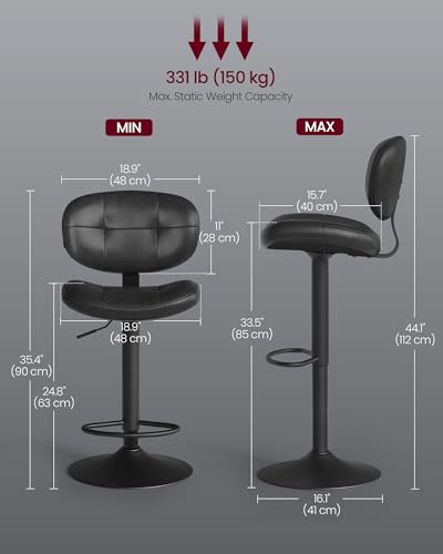 Image of VASAGLE Bar Stools Set of 2, Height Adjustable Kitchen Barstools, Swivel Bar Chairs with Back and Footrest, Quilt PU Leather Surface, Dining Room, Counter, Steel, Ink Black ULJB150B101S