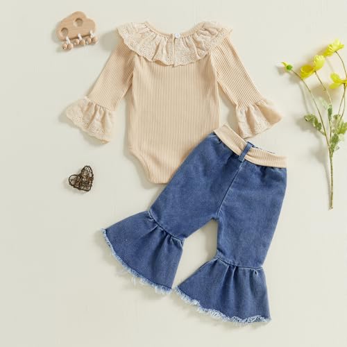 Newborn Baby Girl Winter Clothes Ruffle Rib Knit Romper Floral Fall Outfits Flared Pants Cute Infant Headband Set4