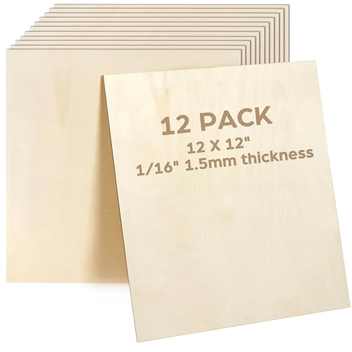 LotFancy Basswood Sheets 12 Pack 12 x 12 x 1/16 Inch Plywood Sheets with Smooth Surfaces 1.5mm Craft Wood Board for Laser Cutting DIY Architectural Models Wood Burning and Staining