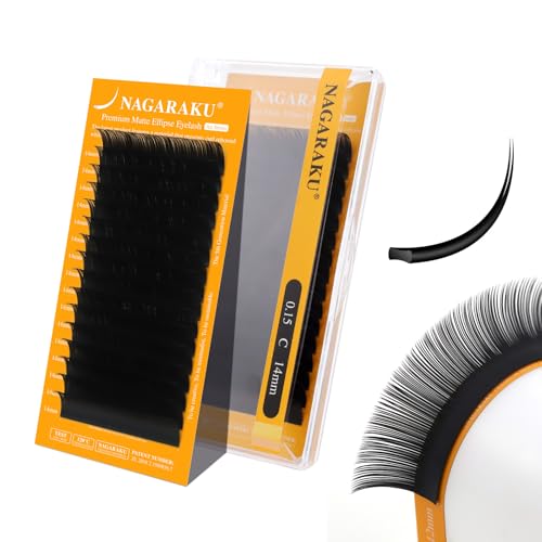 NAGARAKU Flat Ellipse Lash Extensions, Air Series 0.15 C 14mm Matte Black