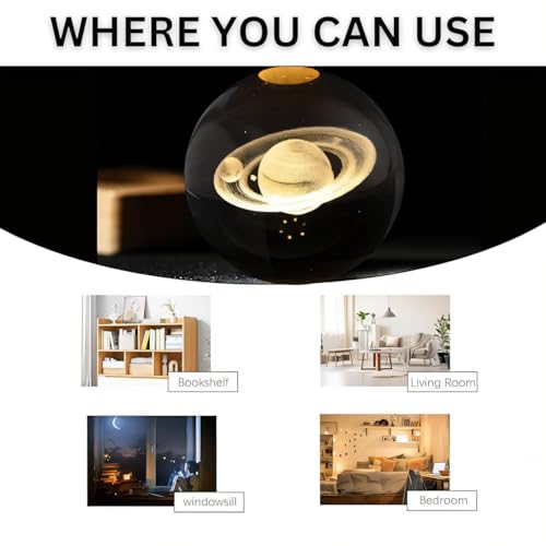 Image of 3D Crystal Ball Night Light with Wooden Base, Aesthetic Clear LED Lamp for Home and Bedroom Touch Switch, Warm Light for Kids and Teens Perfect Birthday & Anniversary (Saturn Light)