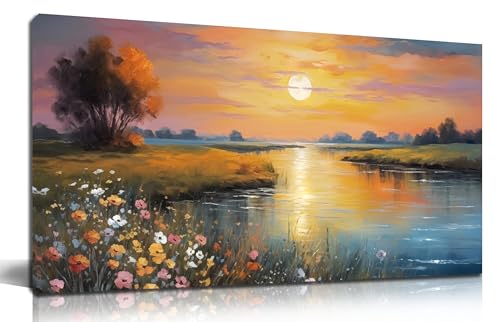 Orange Yellow Sunset Lake Landscape Canvas Wall Art with Vibrant