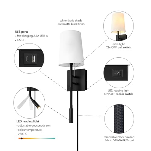 Image of Globe Electric 1-Light Plug-in or Hardwired Wall Sconce with LED Integrated Reading Light, USB-A Port, USB-C Port, Matte Black, White Fabric Shade, On-Off Pull Chain and Rocker Switch