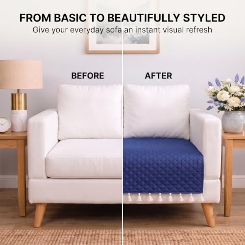 Image of BSB HOME 300 TC Premium Sofa Cover, Quilted Sofa Seat Cover with Decorative Tassels, Soft Comfortable Couch Protector, Stylish Furniture Cover for Living Room, 60 x 48 Inches (152 x 122cm) - Teal Blue