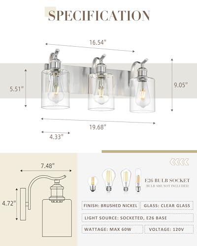 Image of 3-Light Bathroom Vanity Light, Brushed Nickel Wall Sconce, Modern Bathroom Light with Clear Glass, VL01BN-3