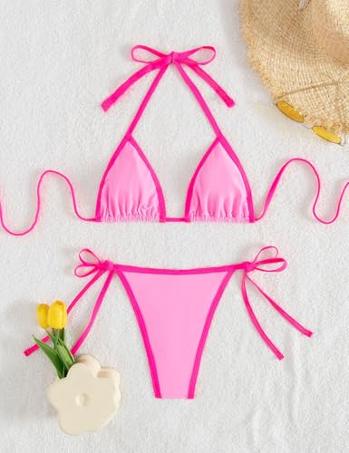 Image of Tainehs Women's Sexy Halter Thong Bikini Tie Two Sides Bottom Triangle Bikini Swimsuits