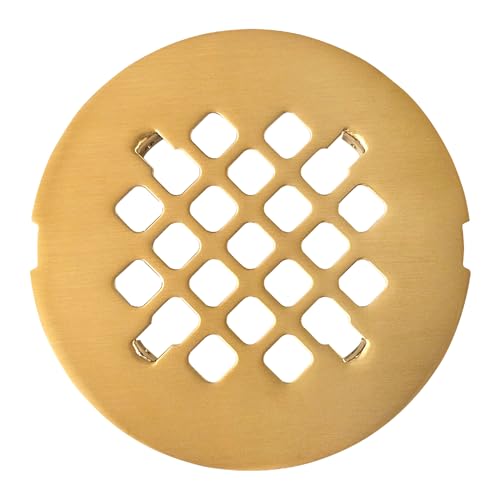 LXLOTUS 4 ¼” Brushed Gold Snap-in Shower Drain Cover - Gold Replacement - 4.25 OD Shower Drain Strainer - Easy Install - Premium Round Shower Drain Cover - Solid Brass Construction