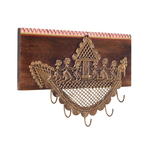 Image of AAKRITI ART CREATIONS Golden Leaf Brass Key Holder, Dhokra Art Teak Wood Wall Hanging Panel Set of 1, Brown Wall Decor Key Holder | Matte Finish Wooden Wall | Decor for Entryway, Living Room, Office