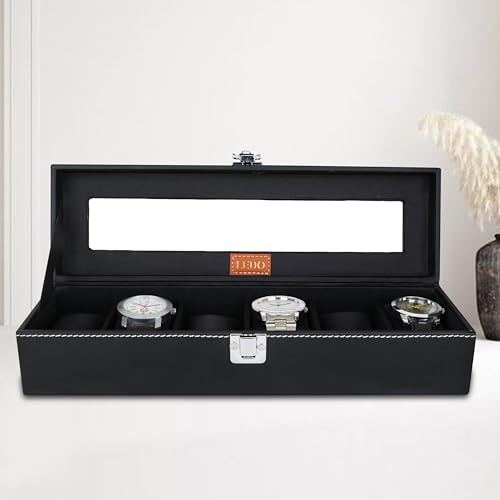 Image of LEDO Watch Box Holder Organizer Case in 6 slots of Watches with Transparent Look Black color Velvet