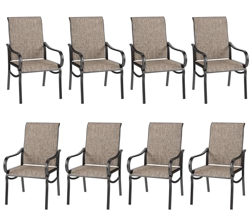 Image of PHI VILLA Patio Dining Chairs Set of 8, Textilene Mesh Fabric, High Back | Ergonomic backrest. All-weather black E-coated metal frame and brown breathable fabric, designed for outdoor, deck, lawn