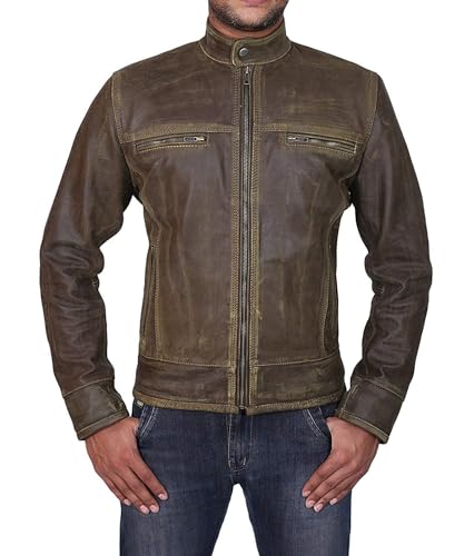 Image of Men's Leather Jacket Cafe Racer Biker Style Retro Stripes Jacket, Motorcycle Racing Leather Jacket (US, Alpha, 4X-Large, Regular, Regular, S16) Vintage Brown Jacket