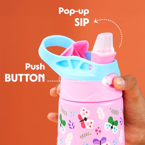 Image of Borosil 330ml Butterfly Kids Stainless Steel Bottle | ISI Certified Made in India | 8 Hrs Hot & Cold Double Wall Vacuum Insulated Flask | Push & Straw Lid | Powder Coated Finish | 1 Year Warranty