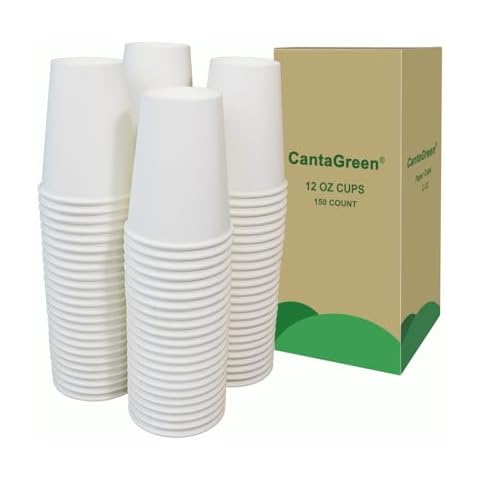 CantaGreen 150 Count 12 OZ Heavy-duty Paper Coffee Cups, White Disposable Cup for Hot and Cold Beverage Cover