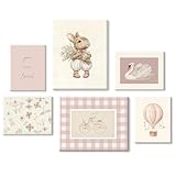 Pink Nursery Wall Art Baby Girl Canvas Wall Decor Vintage Poster Bunny Flower Wall Art Antique Preppy Pictures Animal Floral Prints Kids Swans Painting for Girls Room Bedroom 8x10x6 Inch Framed