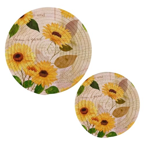 Blueangle 2-Pcs Yellow Watercolor Sunflowers Trivet Pot Holder - Round Woven Potholders Set - Cotton Braided Hot Pads - Coasters - Table Mats for Cooking and Baking