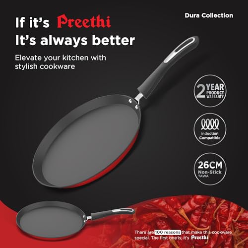 Image of Preethi Dura Collection Non Stick Tawa, 26 cm, Gas & Induction Compatible, 5 Star Non Stick Effect, Chilly Red