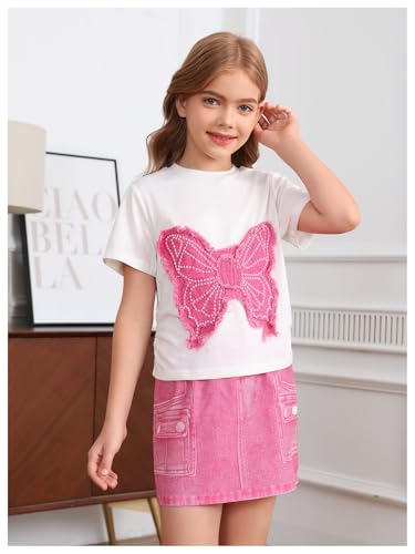 Image of OYOANGLE Girl's 2 Piece Outfits Butterfly Short Sleeve Tee and Denim Skirts Sets