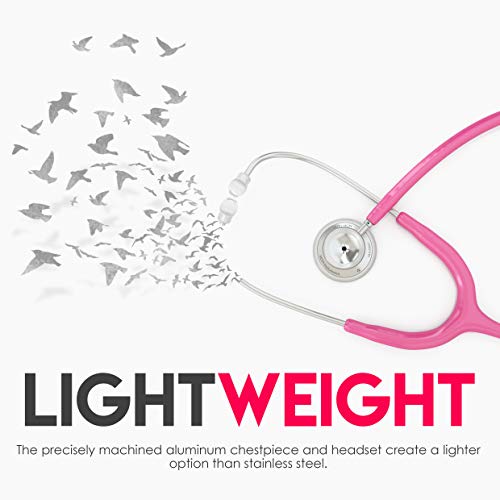 Image of MDF Instruments, Acoustica Lightweight Stethoscope for Doctors, Nurses, Students, Home Health Use, Adult, Dual Head, Fuchsia Tube, Silver Chestpiece-Headset, MDF747XP32 | Dual Head, rotating chestpiece, Lifetime warranty, Free-Parts-for-Life, Latex-free, For doctors, nurses, students home health